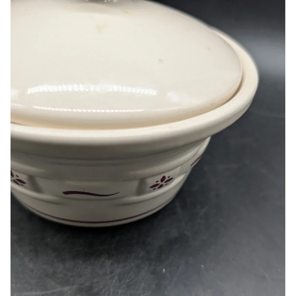 Longaberger Pottery Woven Traditions Ivory Burgundy Covered Casserole Dish USA